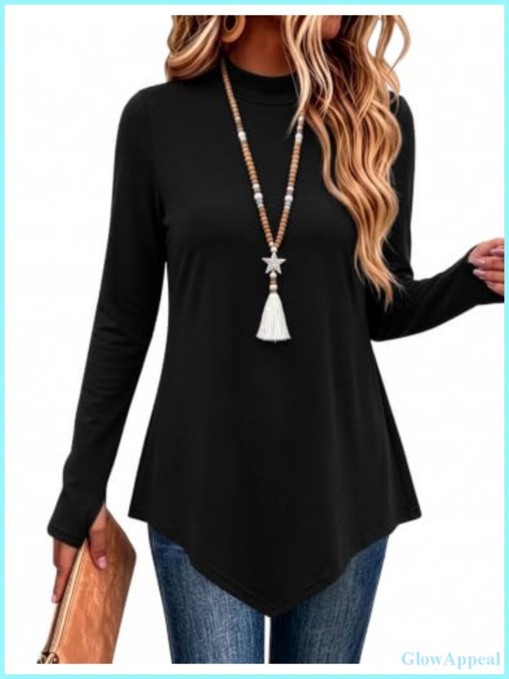 Mock Turtleneck Tunic Top Long Sleeve Thumb Hole Asymmetrical Hem